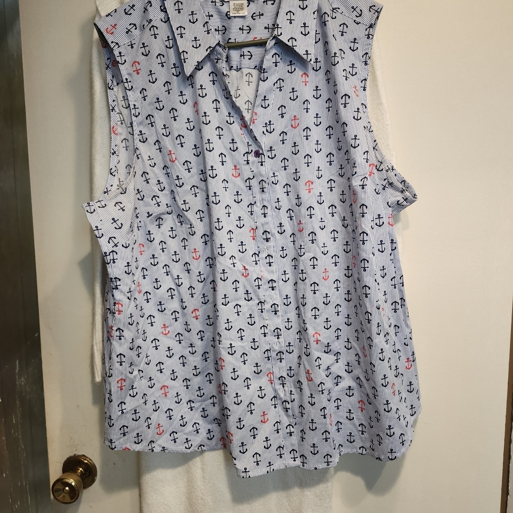 Rebecca Malone Blue Anchor Print Button Down Shirt